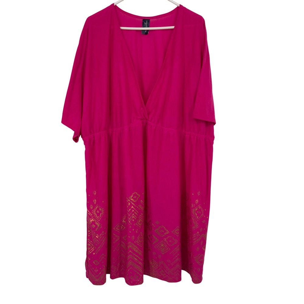 Swimsuits For All‎ Cover Up Dress Womens 2X Pink Gold Foil Geometric V-Neck